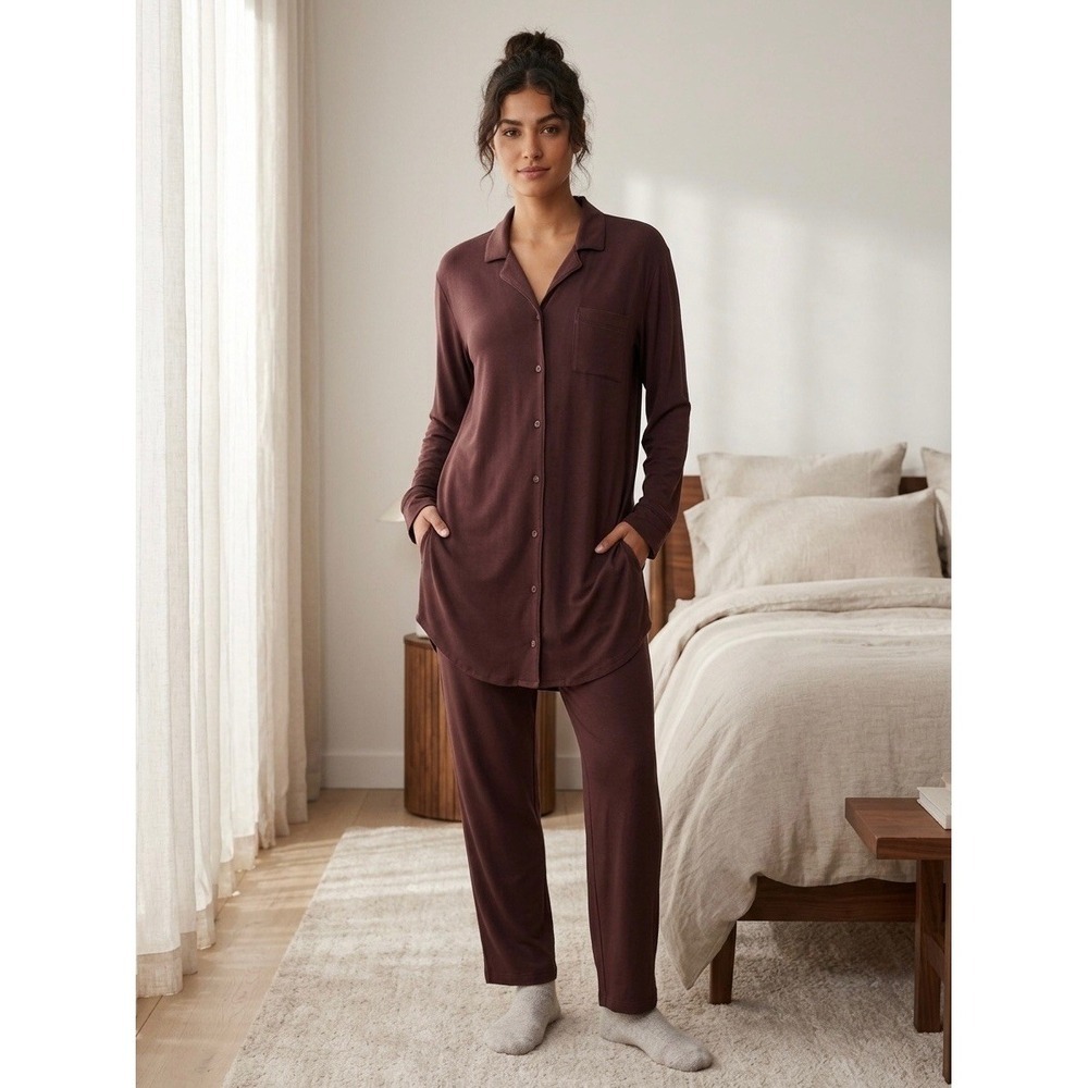 NAADAM Womens Modal Button Down Sleep Shirt Long Sleeve Burgundy XS Lounge Top